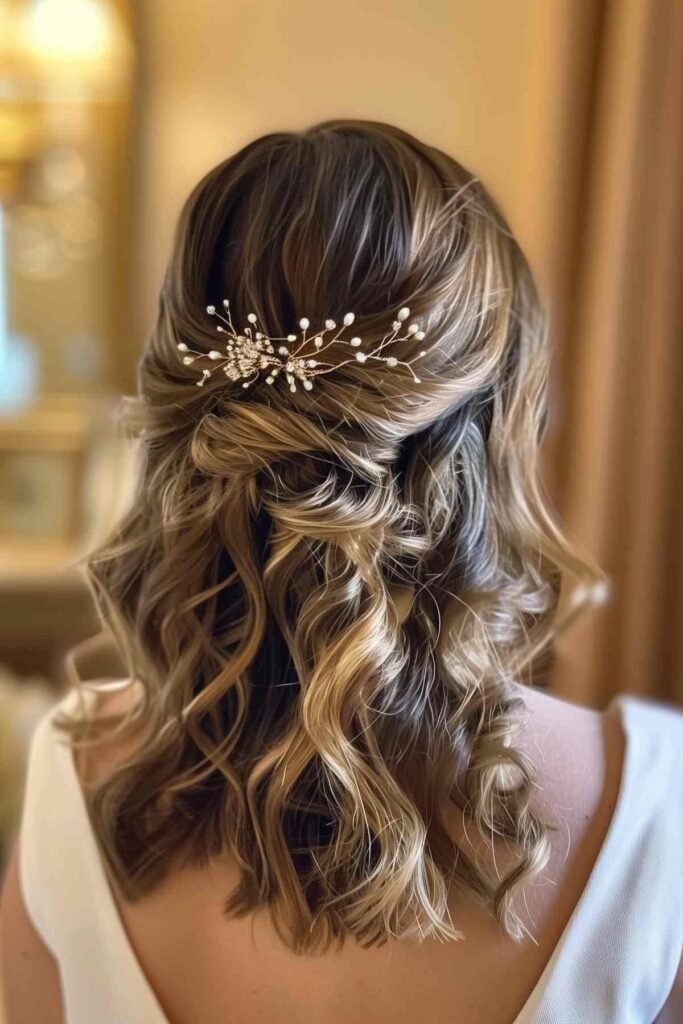 Sophisticated Half-Up Curls with Delicate Pearl Hair Accessory