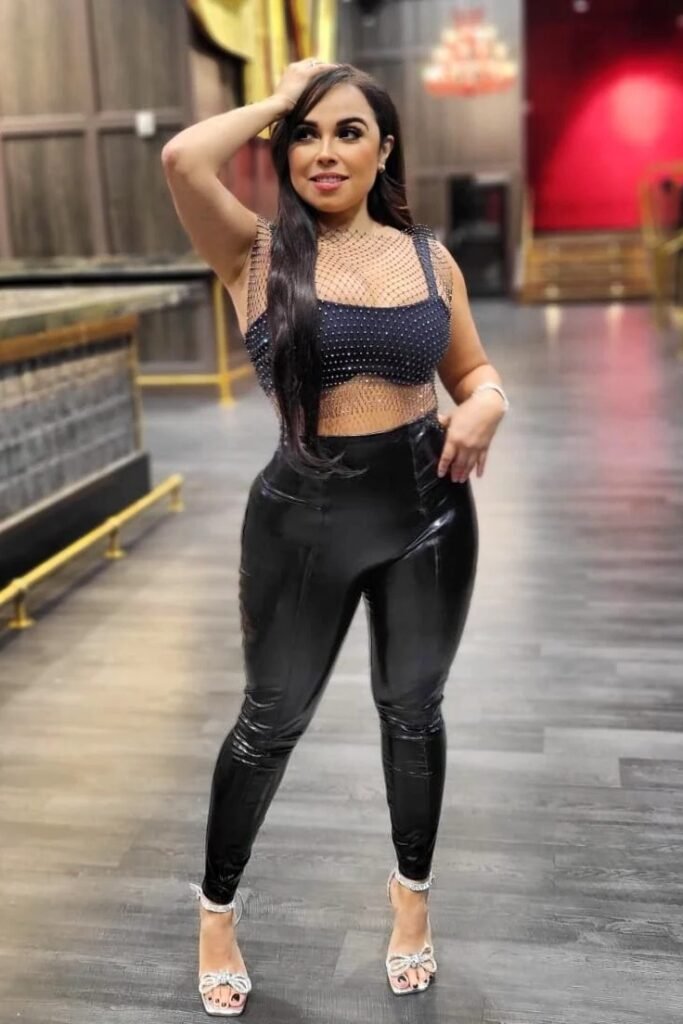 Sparkly Mesh Sleeveless Top + Black Latex Leggings + Silver Embellished Heeled Sandals