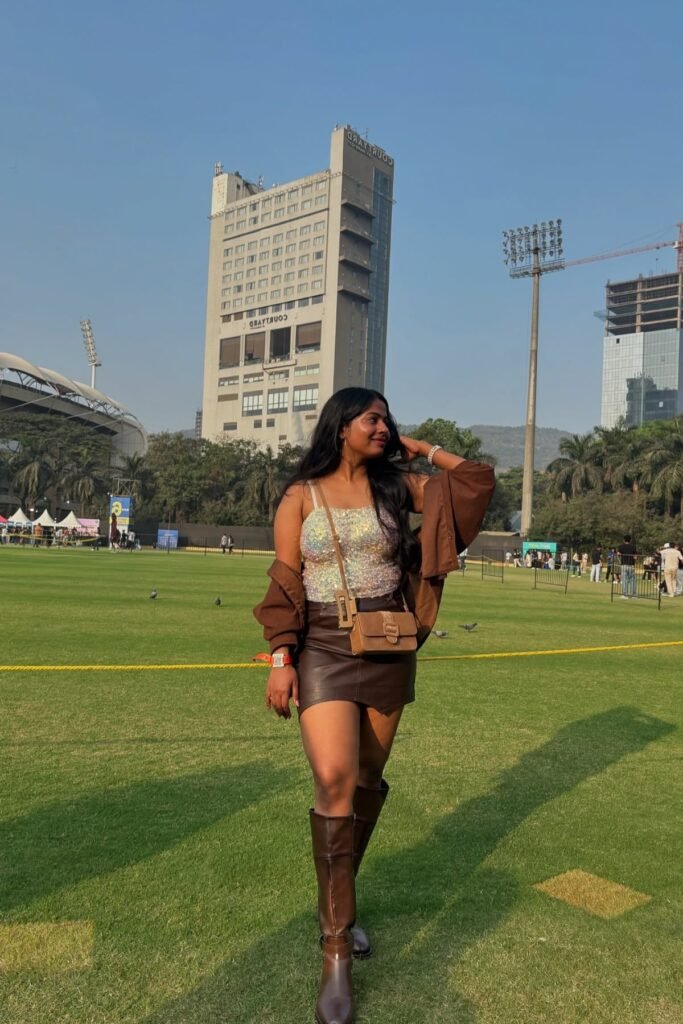 Sparkly Silver Camisole + Brown Leather Mini Skirt + Brown Knee-High Boots