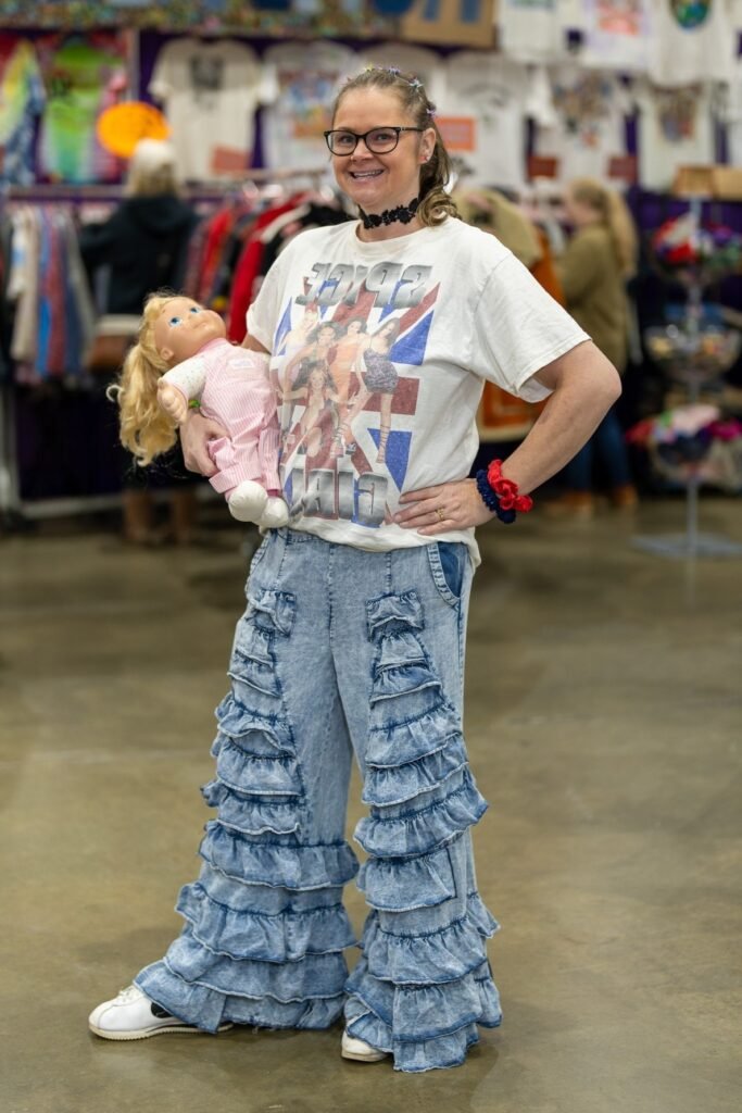 Spice Girls Graphic T-Shirt + Light Wash Tiered Ruffle Jeans + White Sneakers