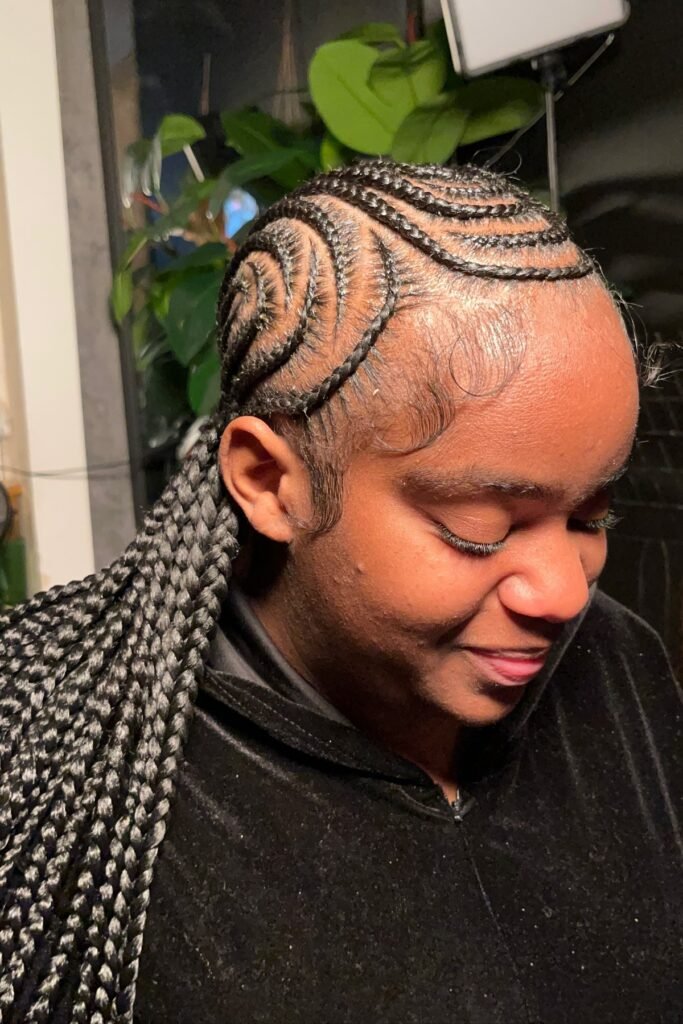 Spiral Goddess Braids with Textured Ends and Intricate Scalp Design