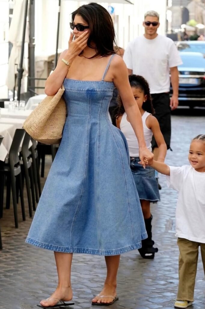 Square-Neck Denim Midi Dress + Woven Straw Tote Bag + Clear Strap Flip Flops