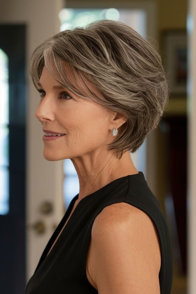 Stacked Brindle Bob with Tapered Neckline and Soft Fringe