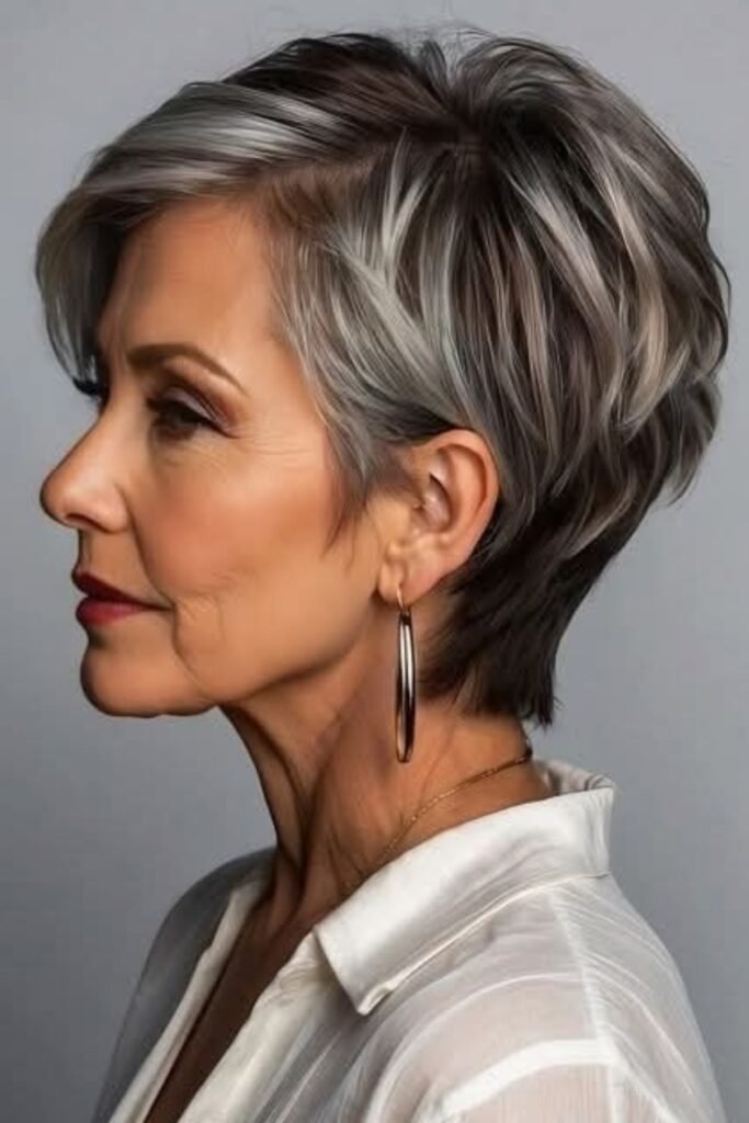 Stacked Salt-and-Pepper Pixie with Tapered Nape