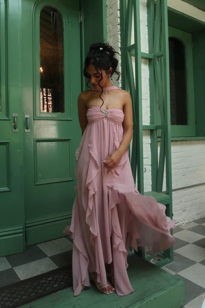 Strapless Pink Chiffon Ruffle Dress + Silver Star Brooch + Silver Strappy Sandals