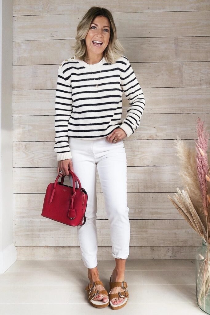 Striped Crewneck Sweater + White Cropped Jeans + Tan Buckle Sandals