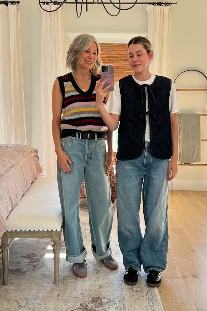 Striped Knit Sweater Vest + Light Wash Bagged Jeans + Grey Sneakers (Left) / White T-Shirt + Quilted Black Vest + Wide-Leg Jeans + Black Sneakers (Right)