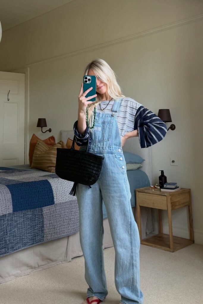 Striped Long-Sleeve Shirt + Light Wash Denim Overalls + Red Flip Flops