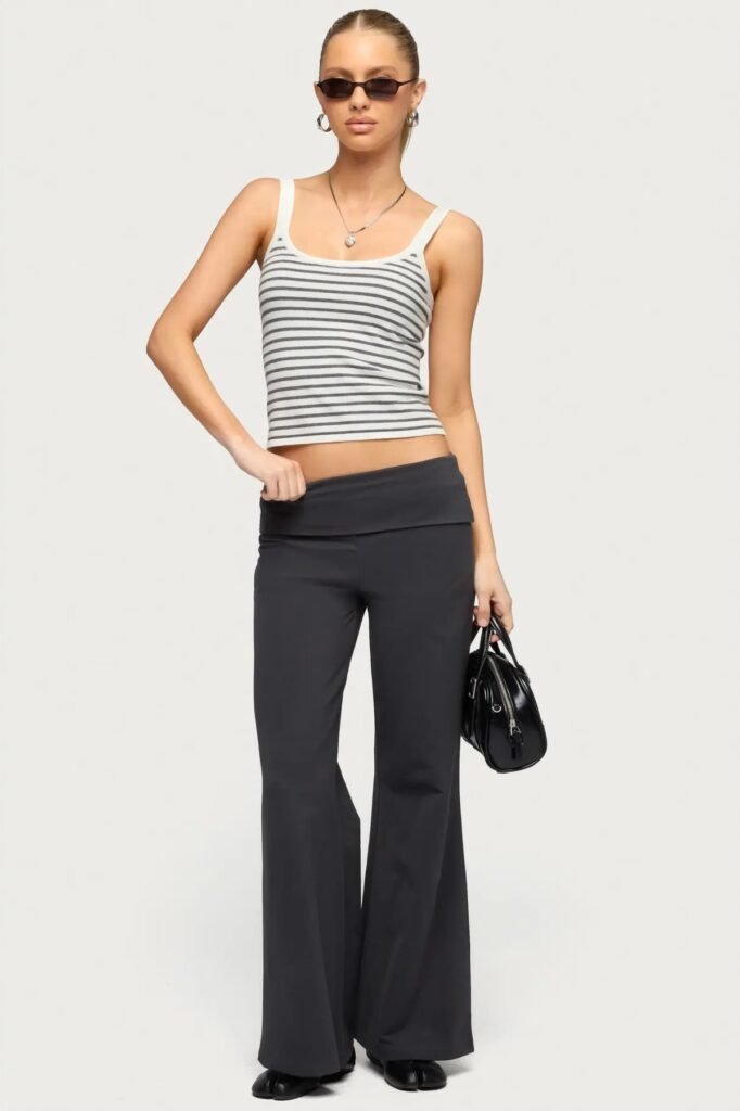 Striped Tank Top + Charcoal Fold-Over Flare Pants + Black Tabi Shoes