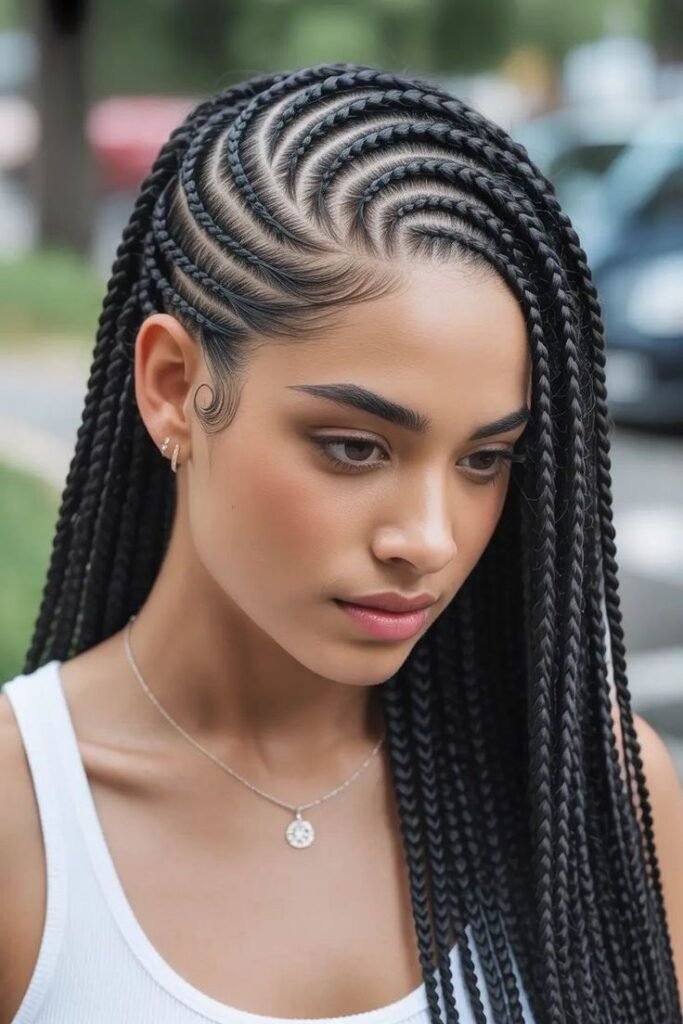 Swirled Deep Side-Part Cornrows with Laid Baby Hairs