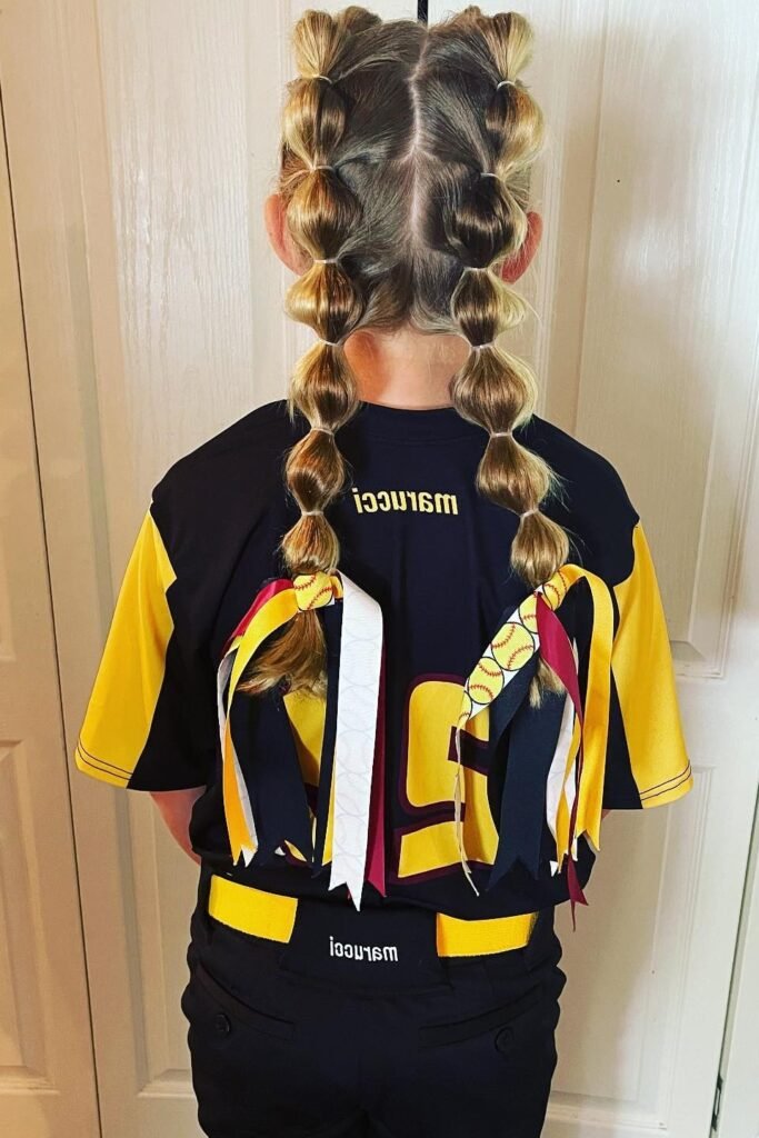 Symmetrical Double Bubble Braids with Decorative Sports Ribbons