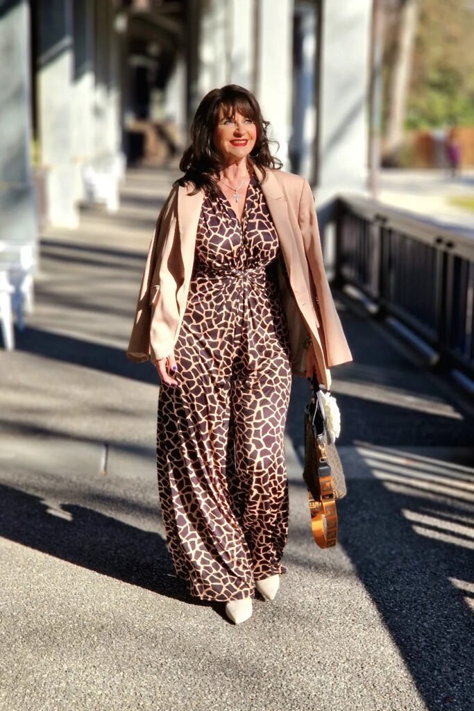 Tan Blazer + Giraffe Print Jumpsuit + White Pointed-Toe Heels