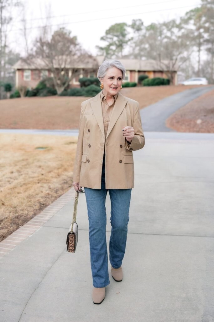 Tan Double-Breasted Blazer + Tan Button-Down Shirt + Blue Jeans + Tan Square-Toe Boots