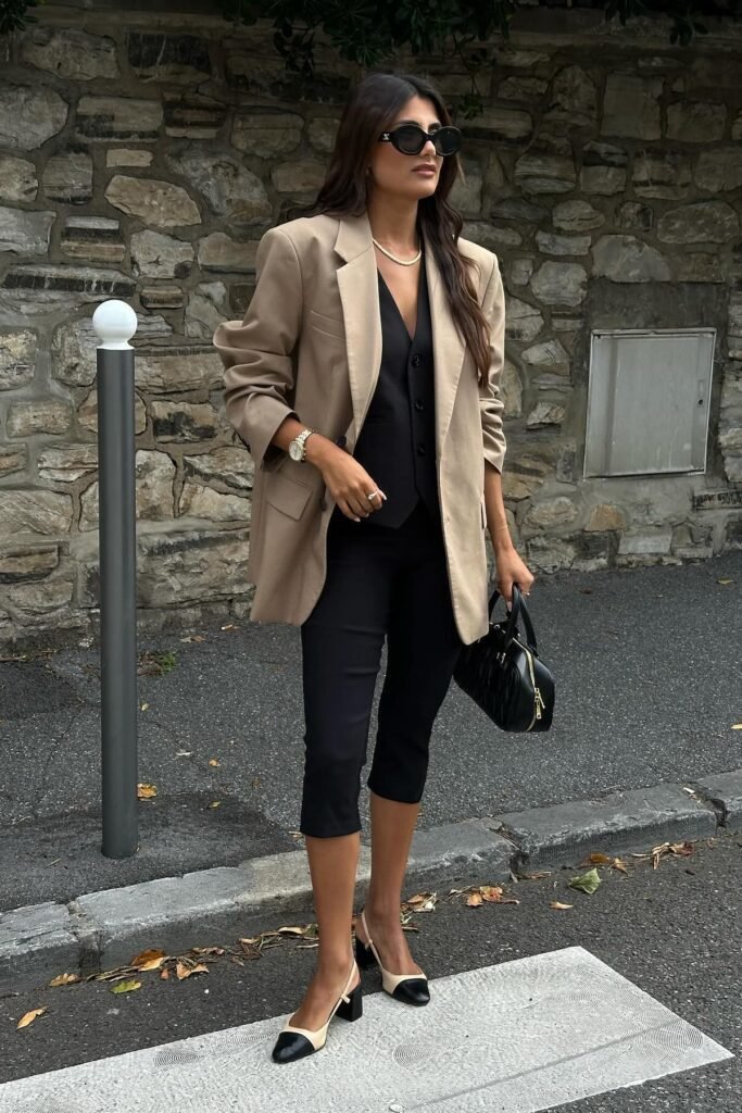 Tan Oversized Blazer + Black Vest + Black Capri Trousers + Two-Tone Slingback Heels