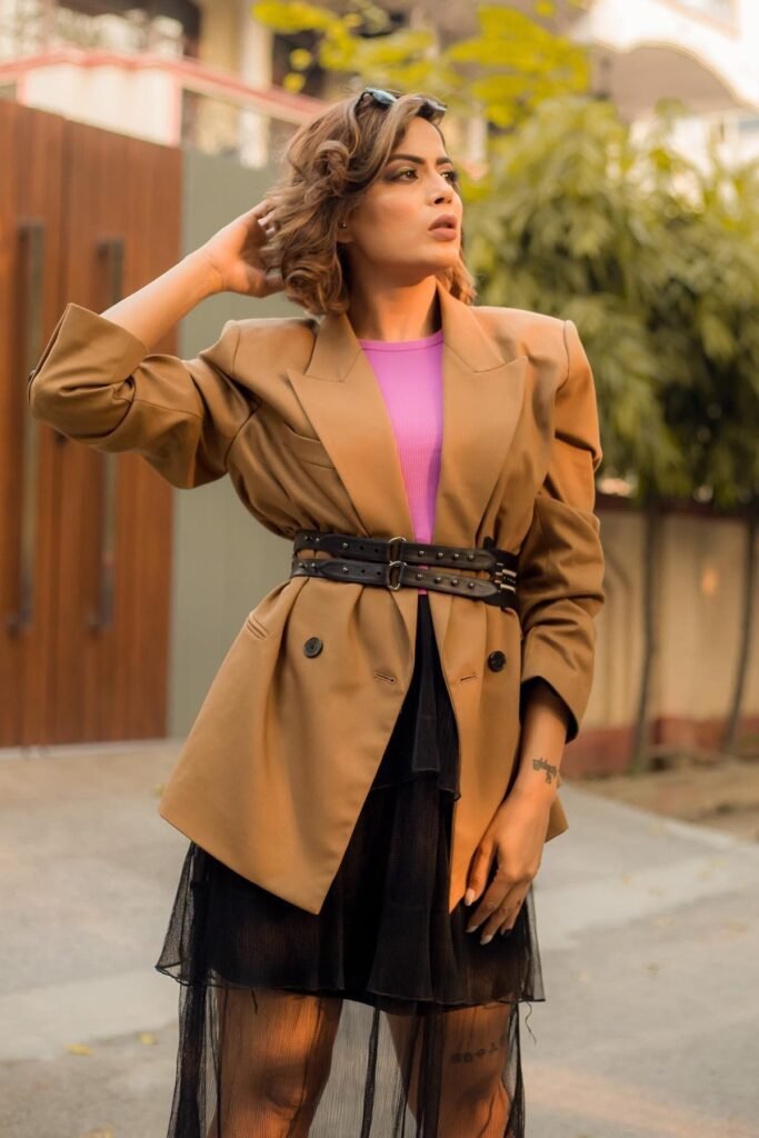 Tan Oversized Blazer with Double Waist Belt + Purple Crew Neck Top + Black Sheer Tulle Skirt