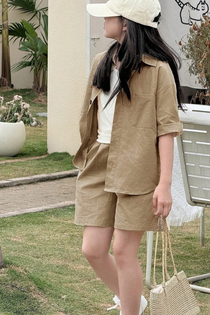 Tan Oversized Short-Sleeve Shirt + Matching Tan Shorts + White Canvas Sneakers