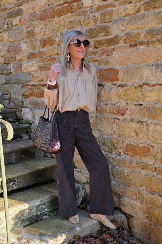 Tan Yoke-Detail Blouse + Dark Brown Wide-Leg Cargo Jeans + Tan Mesh Ballet Flats