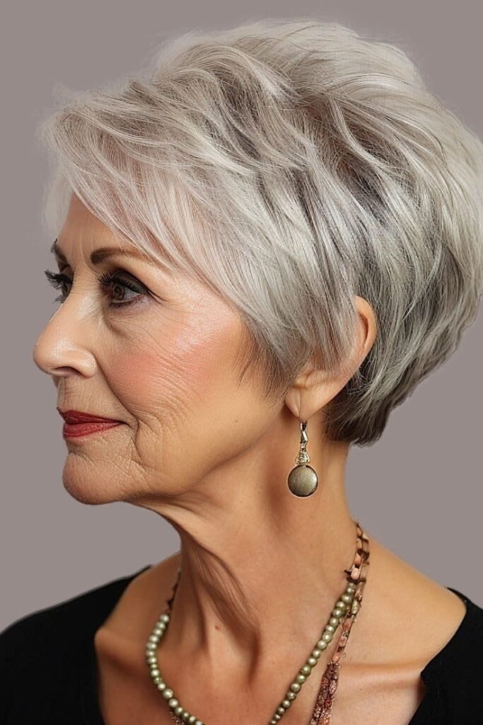 Tapered Silver Pixie with Wispy Side-Swept Bangs