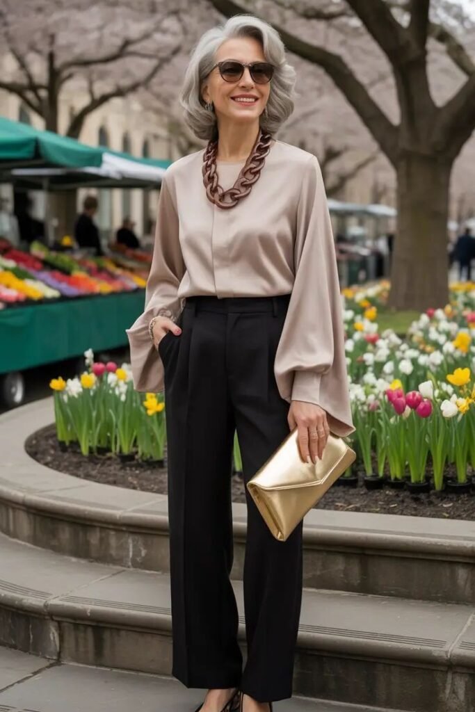 Taupe Balloon-Sleeve Silk Blouse + Black Straight-Leg Trousers + Gold Metallic Clutch