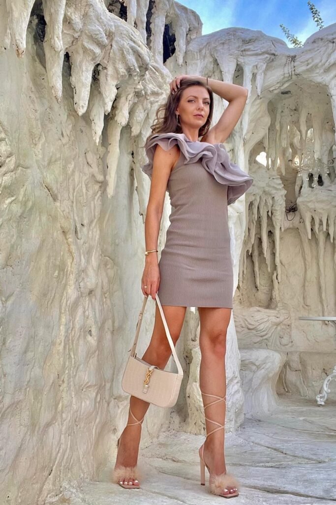 Taupe Ruffled One-Shoulder Mini Dress + Cream Shoulder Bag + Nude Lace-Up Heels