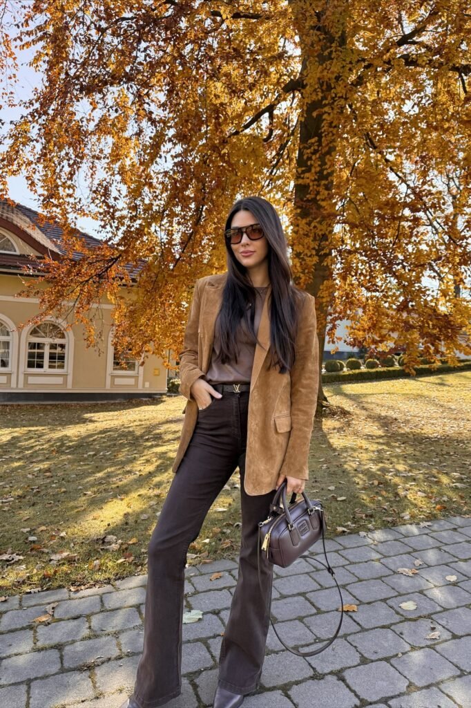 Taupe T-Shirt + Dark Brown Flared Jeans + Tan Suede Blazer + Dark Brown Satchel Bag