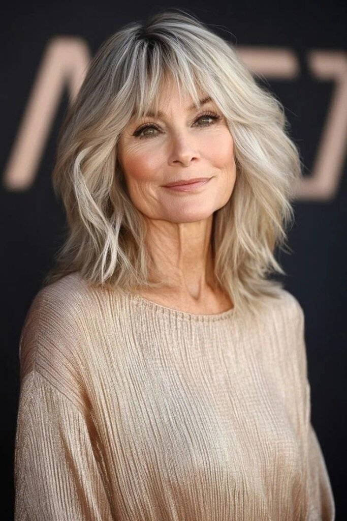 Textured Ash Blonde Shag with Layered Curtain Bangs