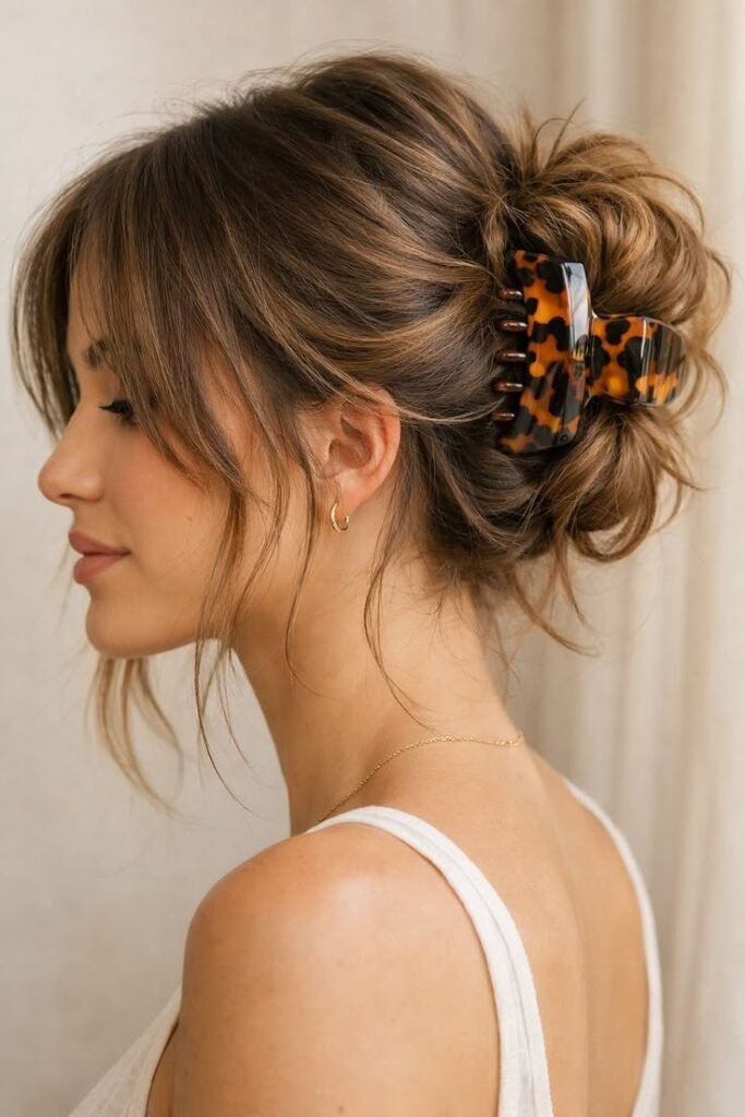 Textured French Twist with Curtain Bangs and Classic Tortoise Clip
