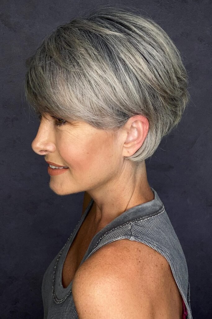 Textured Grey Bixie Cut with Sweeping Side Fringe