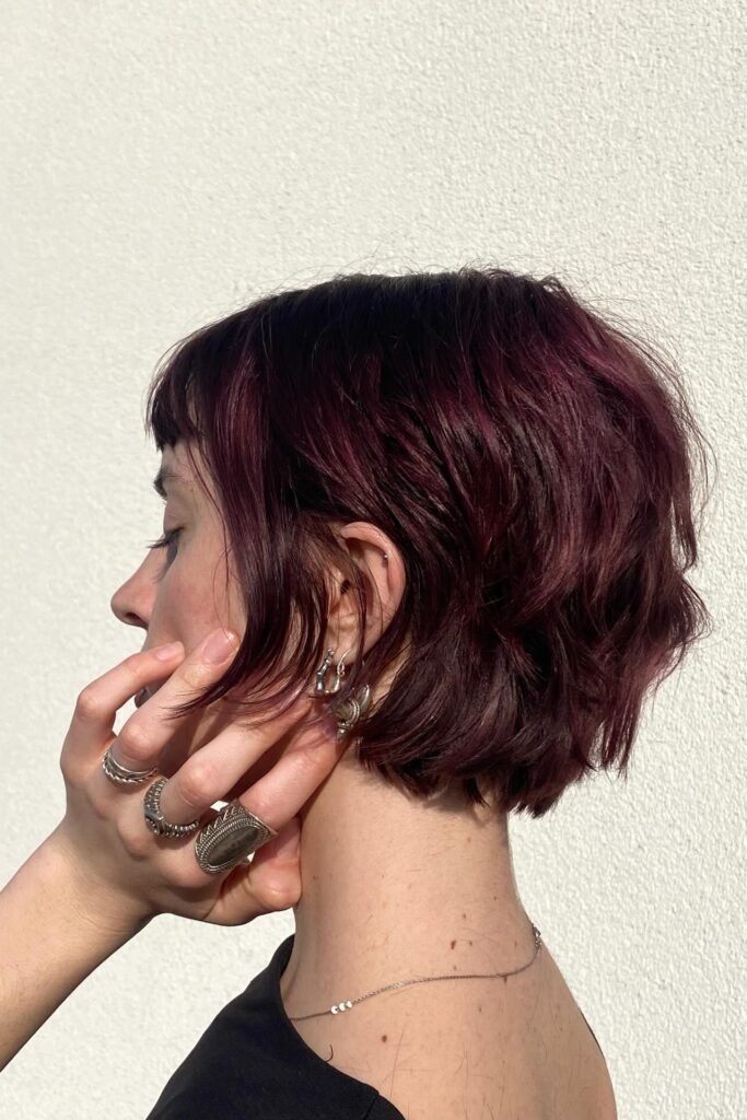 Textured Mulberry Mullet-Bob with Choppy Baby Bangs