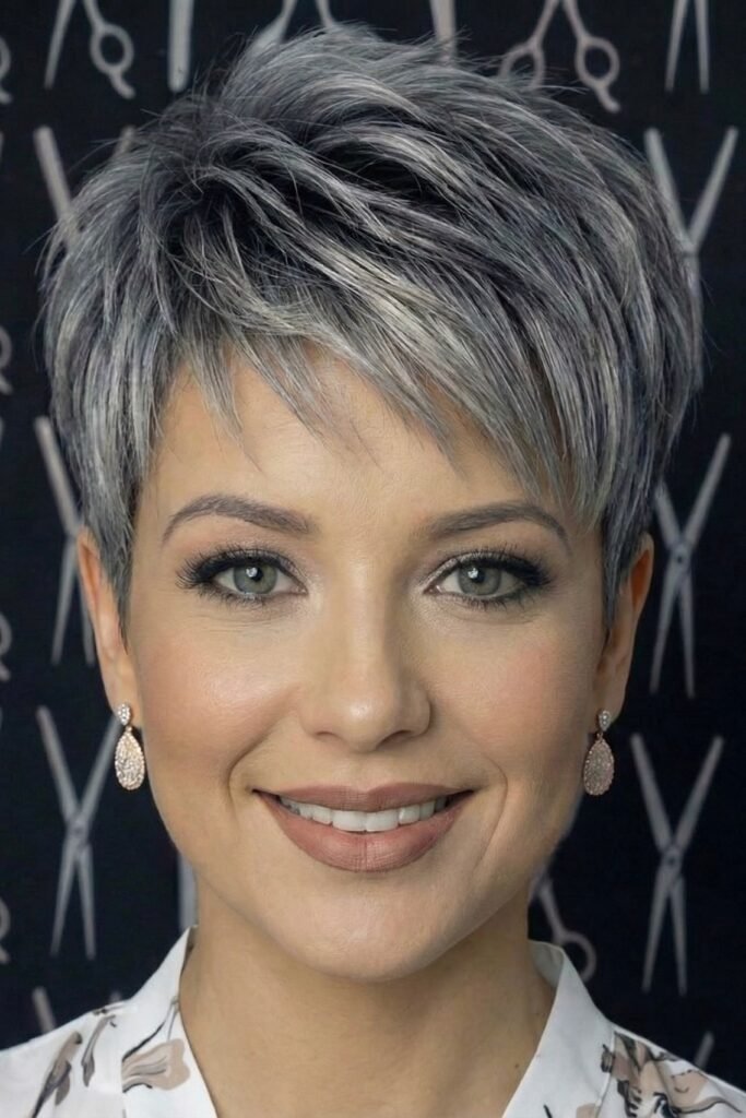 Textured Salt-and-Pepper Pixie with Wispy Forward-Swept Fringe