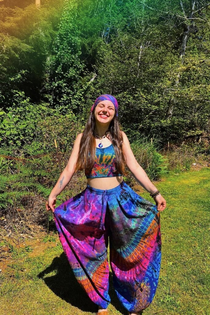 Tie-Dye Halter Crop Top + Matching Wide-Leg Harem Pants + Purple Tie-Dye Headband