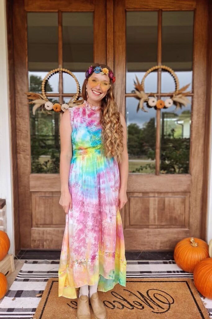 Tie-Dye Sleeveless Maxi Dress + Floral Headband + Tan Ankle Boots