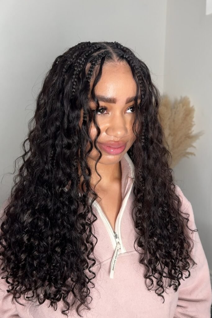 Tightly Braided Crown with Full-Volume Loose Curly Texture