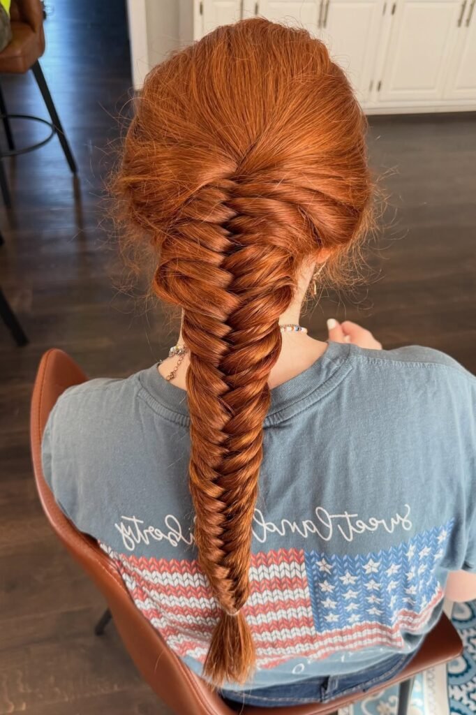 Tightly Woven Fishtail Braid on Vibrant Red Hair