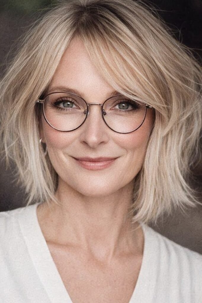 Tousled Blonde Bob with Wispy Curtain Bangs