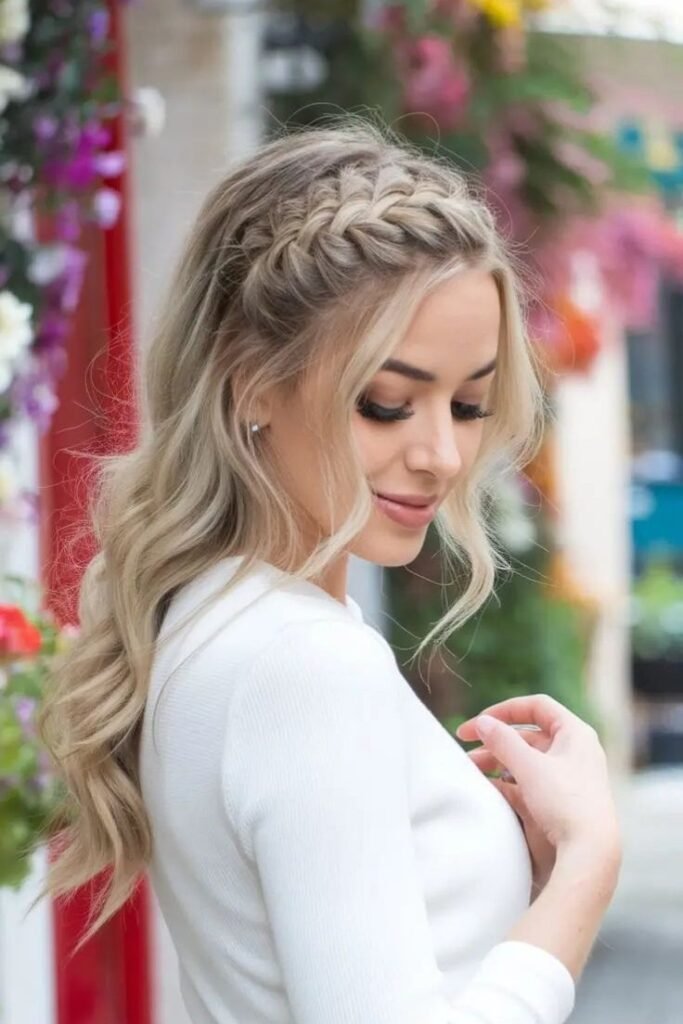 Tousled Blonde Waves with a Soft Dutch Braid Accent