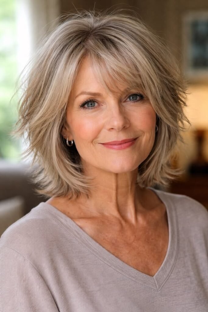 Tousled Choppy Shag with Razored Layers and Bardot Fringe