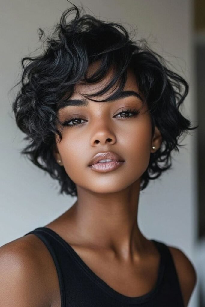 Tousled Dark Wavy Bob with Soft Curtain Bangs