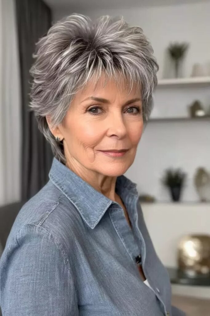 Tousled Salt-and-Pepper Pixie with Lifted Roots