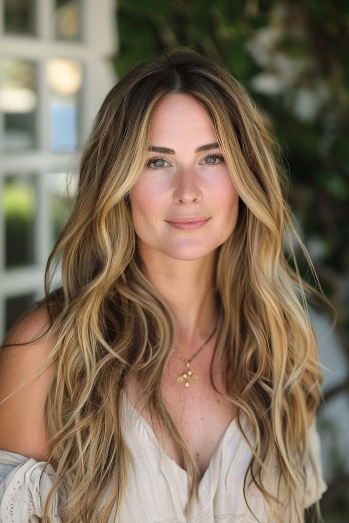 Tousled Sandy Blond Waves with Darker Roots and Center Part