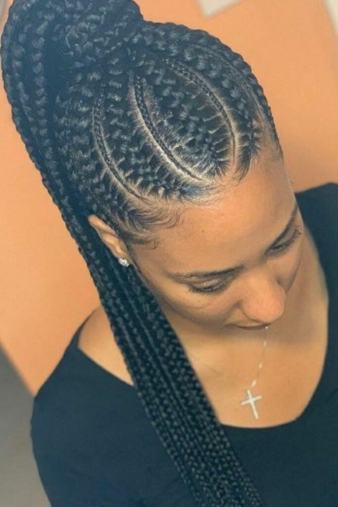Traditional Feed-in Cornrows Gathered into a High Braided Bun