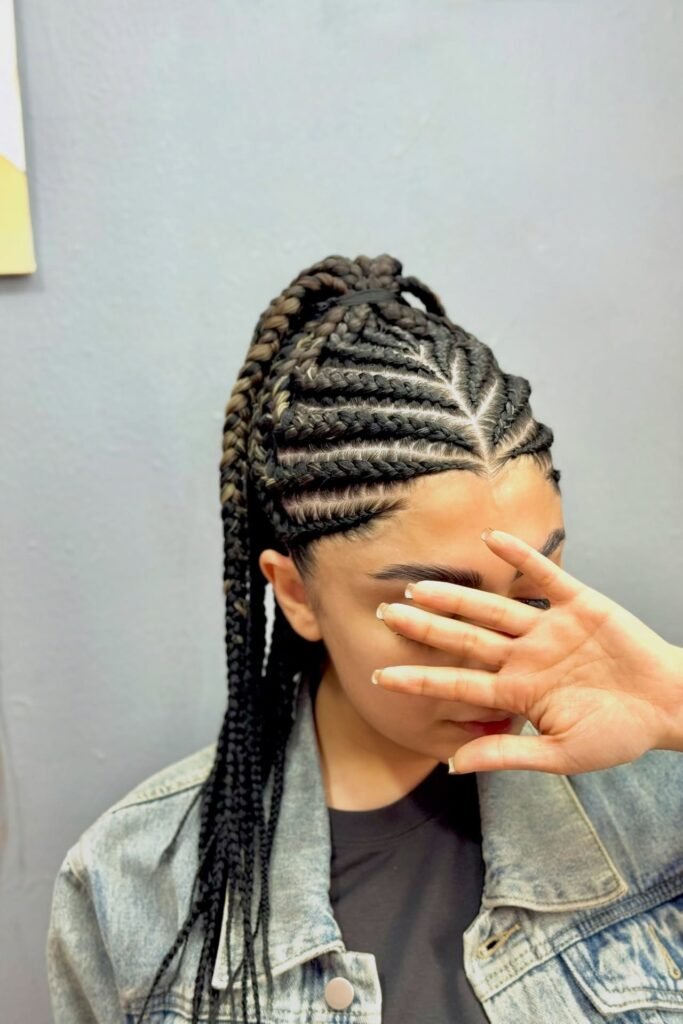 Tribal Feed-in Braids in a High Ponytail