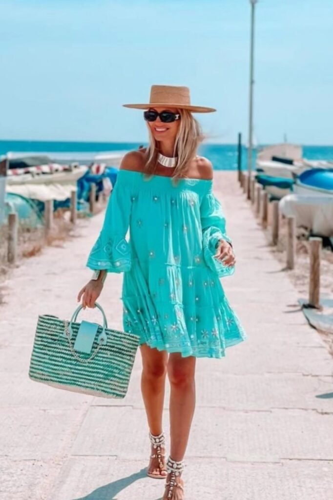 Turquoise Off-the-Shoulder Mini Dress + Flat Straw Hat + Green Striped Straw Bag