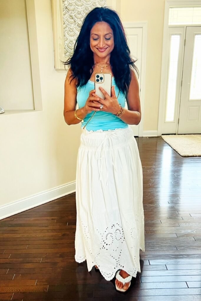 Turquoise Tank Top + White Eyelet Maxi Skirt + White Strappy Sandals