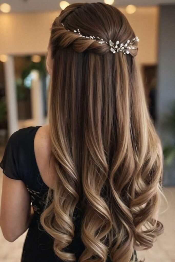 Twisted Half-Up Style with Cascading Toffee Waves