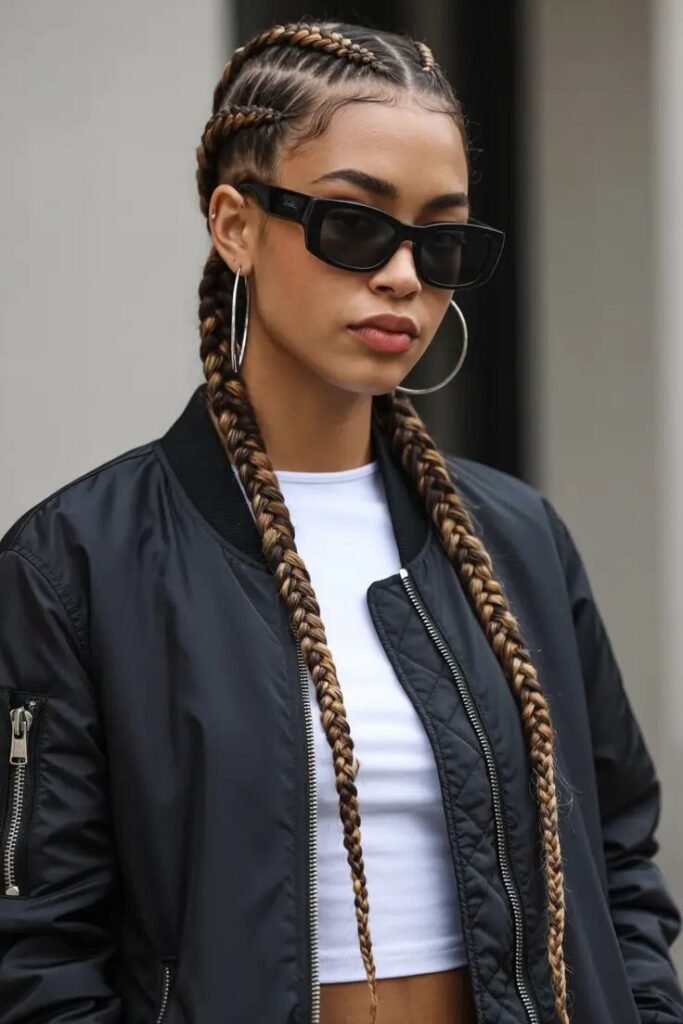 Two-Tone Dutch Braids with Large Hoop Accessories