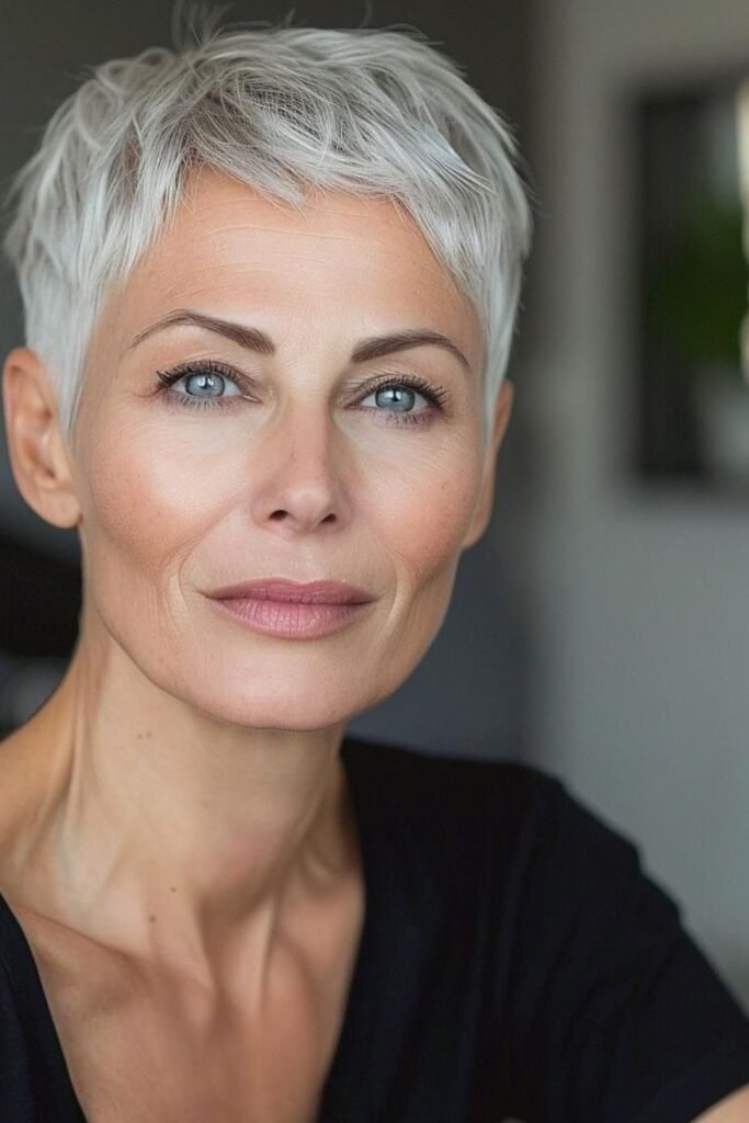 Ultra-Short Silver Pixie Cut with Forward-Swept Fringe