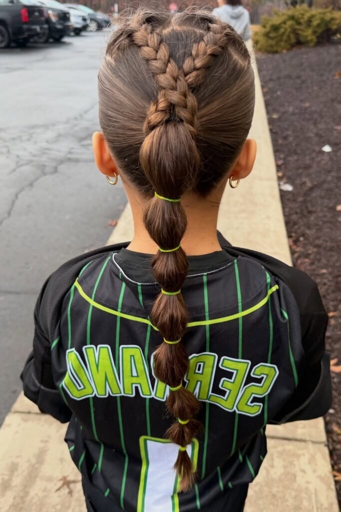 V-Shaped Dutch Braids into a Sleek Bubble Ponytail