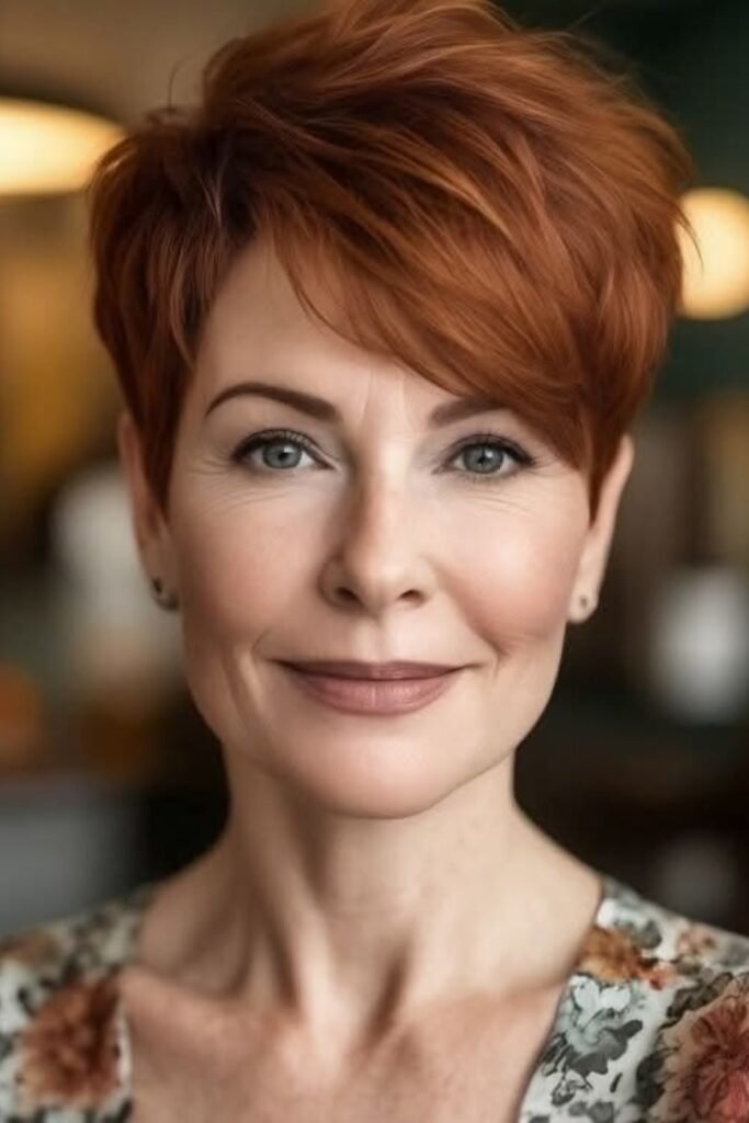 Vibrant Copper Pixie Cut with Side-Swept Fringe