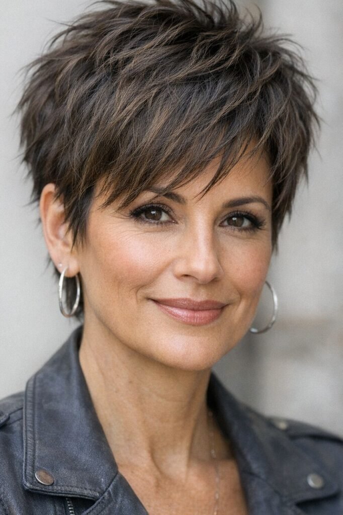 Voluminous Brunette Shag with Razored Layers and Face-Framing Fringe